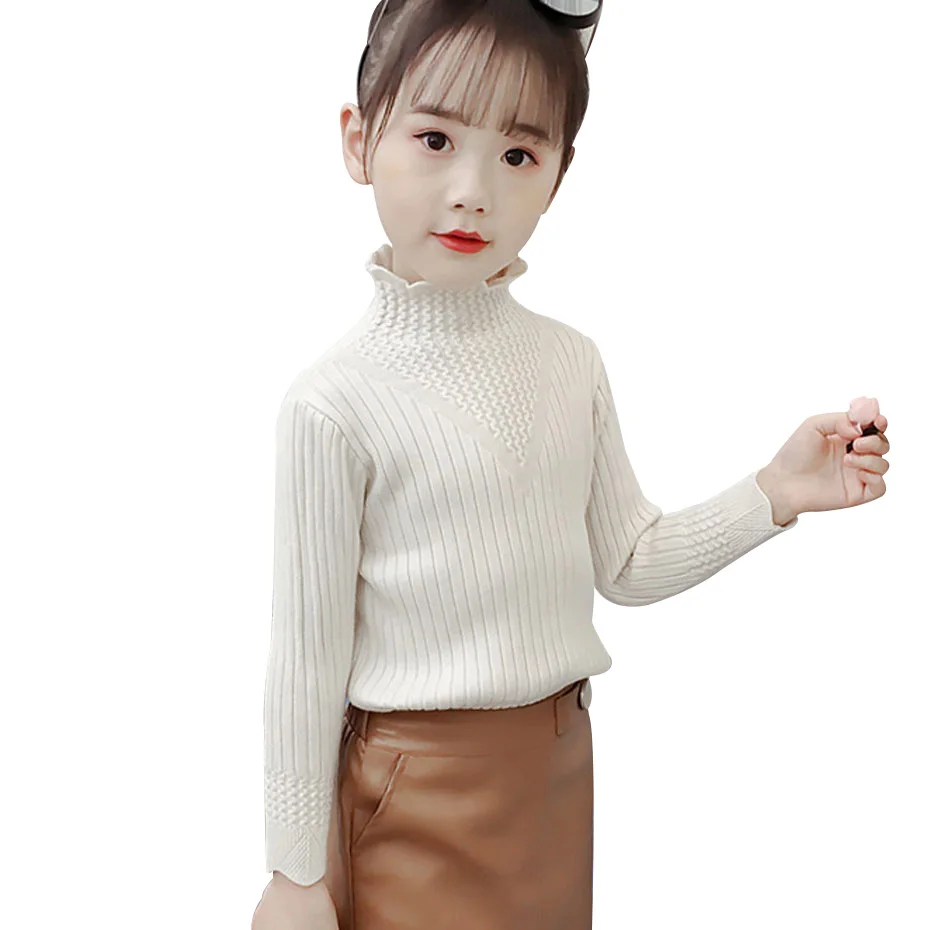 Свитер для девочек однотонный вязаный свитер водолазка с оборками джемпер