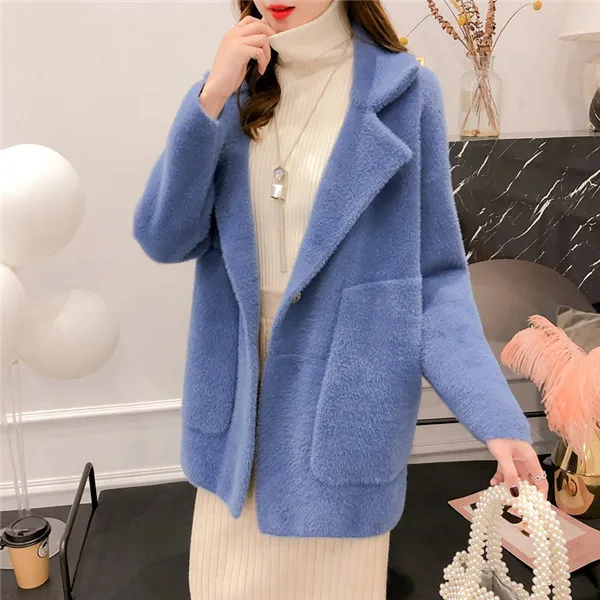 D00773 blue Женский Кашемир под норку пальто осень зима корейский Свободный супер мягкий свитер с разноцветной отделкой Женский вязаный кардиган пальто толстое - Цвет: D00773 blue