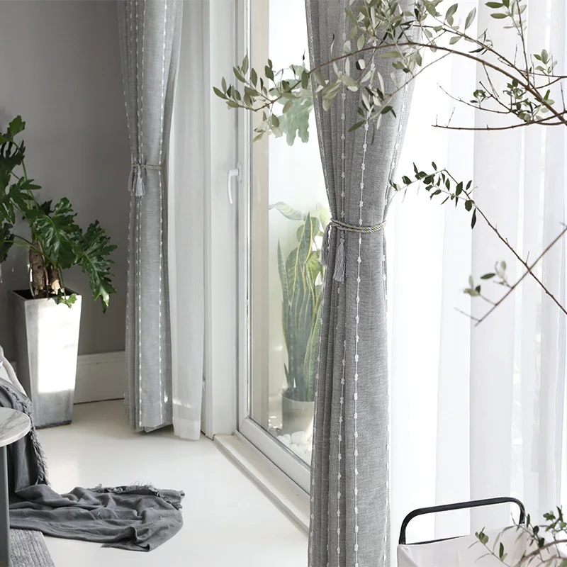 Grey Nordic Linen Screens Curtain Vertical Stripes With Cotton Ball Tulle for Living Room Cortinas Rideaux S230&ampC | Дом и сад