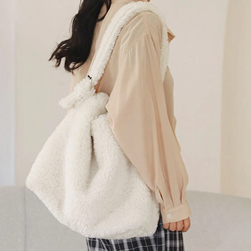 

Winter Women'S Lamb Like Fabric Shoulder Bag Handbag Messenger Bag Large Capacity Shopping Bag Cute School Bag for Girls