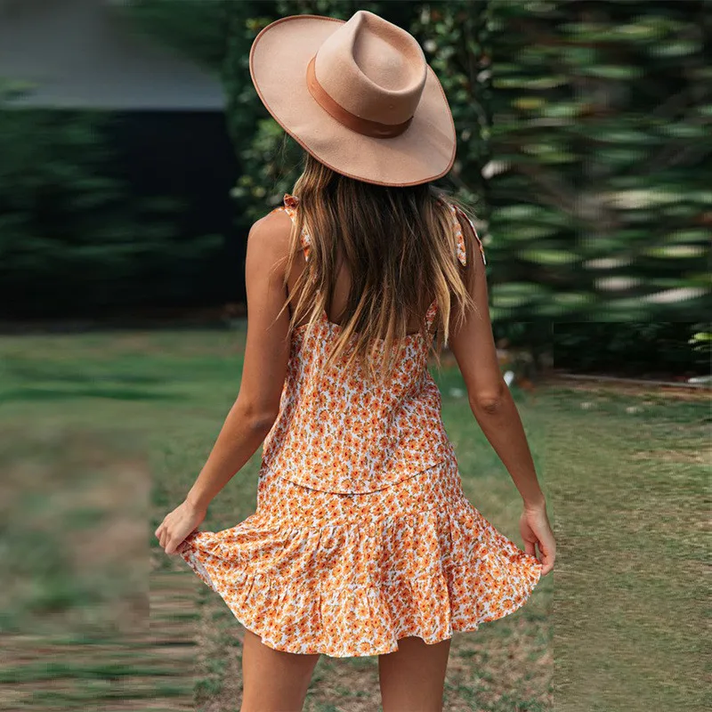 

Casual Vacation Style Women Print Mini Dress 2020 Fashion V-neck Spaghetti Straps Loose Dress