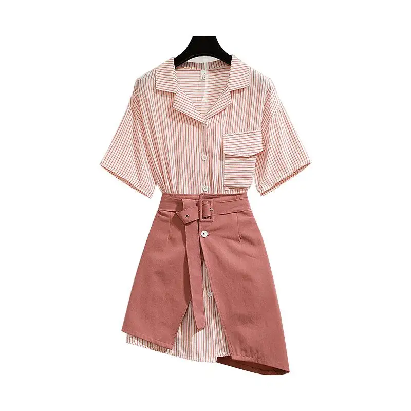 

ICHOIX Sweet Suits Notched Striped Short Sleeve Long Blouse Shirt Belt Irregular Skirt Two Piece Women's Suit Dress