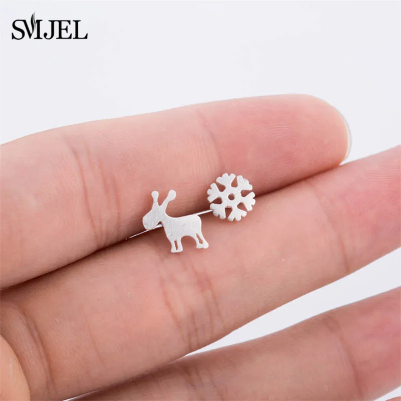 snowflake deer SMJEL Новое поступление богемные маленькие крошечные серьги-гвоздики с перьями для женщин очаровательный лист серьги oorbellen Brincos свадебные подарки - Окраска металла: snowflake deer