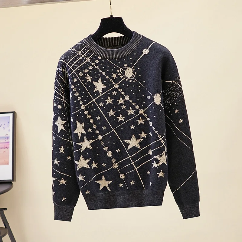 

New Retro Galaxy Star Pattern Sweater Women Vintage Long Sleeve Jumpers 2021 Autumn Winter Ladies Jacquard Sweaters Pullovers