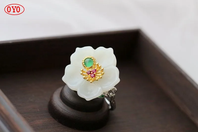 Real 925 sterling silver with natural hetian jade fashion petal ring
