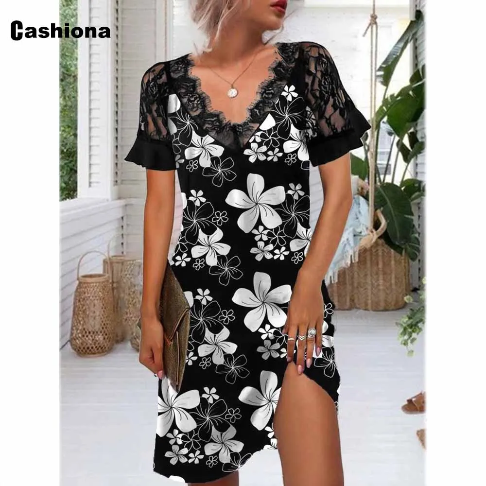 Bohemian 2021 Summer Knee-Length Dress Flower Print Skirt Dresses Plus size Women Short Sleeve Robe Vestidos Femme V-neck Dress