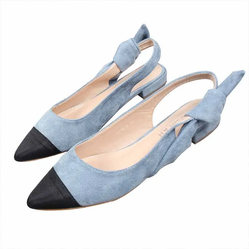 

Low Sandals Woman Leather Strappy Heels Bow Shoes Large Size Shallow Mouth Low-heeled Elastic Band Multicolored Fashion Comfort
