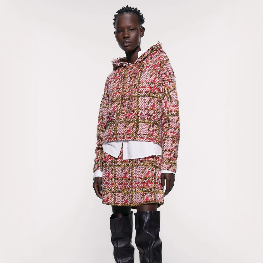 ZA осенне зимний новый комплект с юбкой и свитером вязаный клетчатый свитер