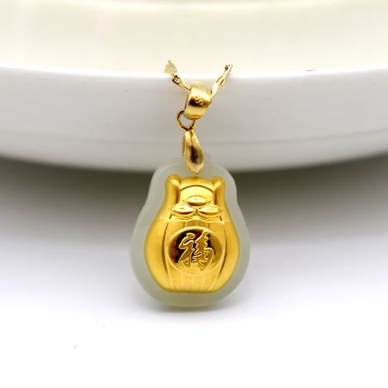 

Money Bag Hetian Jade Pendant Good luck And Money come Jade Necklace Lovers Lucky Amulet 24K Gold Chinese Fine Jewelry