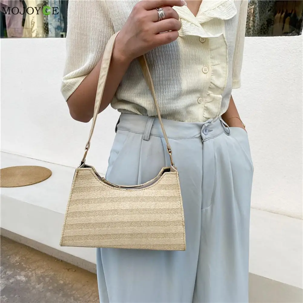 

2021 Shoulder Bags Casual Handbags Fashion Women Straw Woven Stripes Underarm Bag Ladies Summer Small Shoulder Bags
