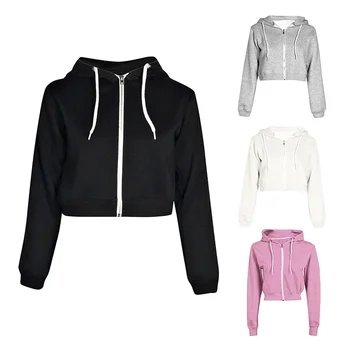 Zip Up Crop Top Hoodie Women Lace Up Drawstring Hoodies Long Sleeve Sweatshirts Black White Grey Pink Hoodie for Women 1