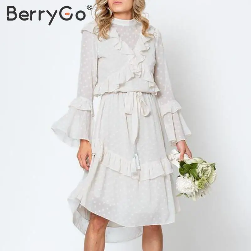 Женское шифоновое платье в горошек BerryGo элегантное белое пляжное трапециевидной