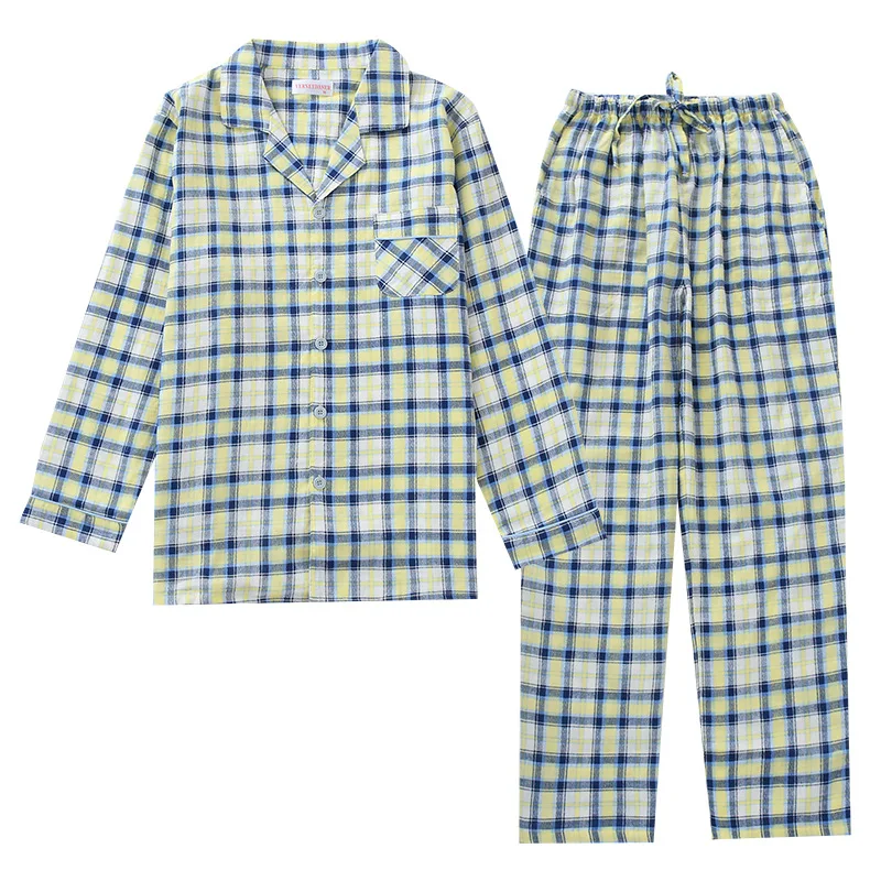Мужской Хлопковый марлевый клетчатый Пижамный костюм осенняя тонкая пижама с