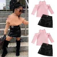 2pcs baby girls clothes autumn winter children set long sleeve pink off shoulder sweater tops black zipper mini skirt outfits