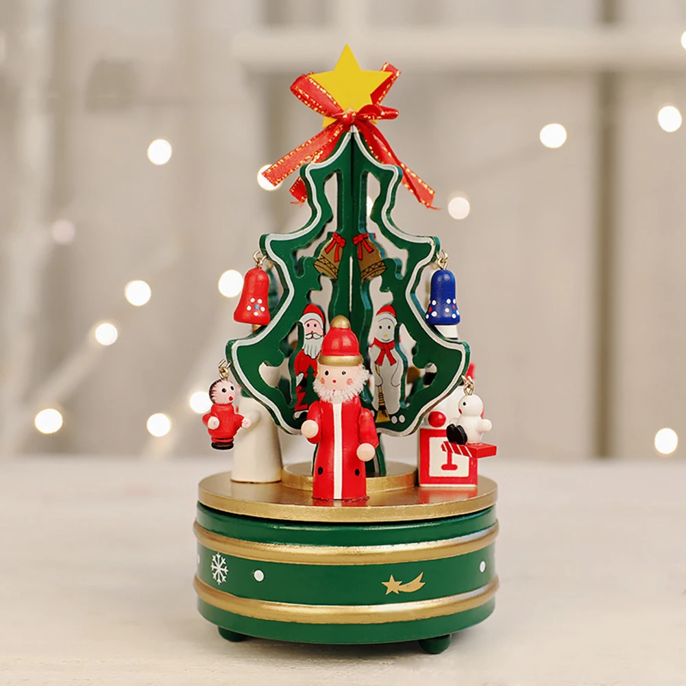 Wooden Christmas Tree Rotating Carousel Music Box Kids Toy Gift Table Decor Swivel Mom and Dad Gifts Birthday mus | Дом и сад