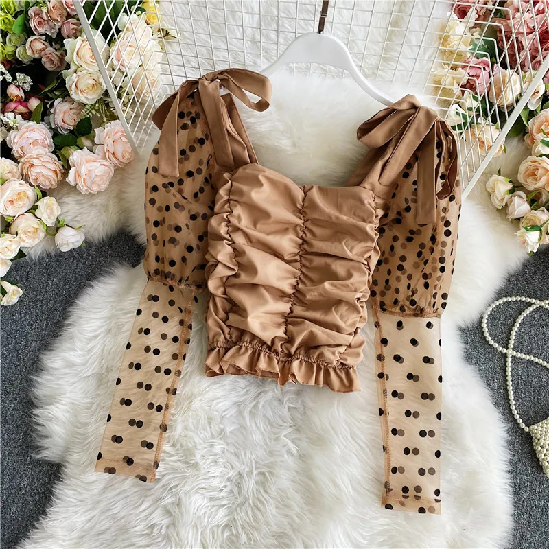 

Spring Autumn New Blouse Pleated Retro Stitching Mesh Patchwork Polka Dot Puff Sleeve Square Collar Shirt Slim Top Women UK107