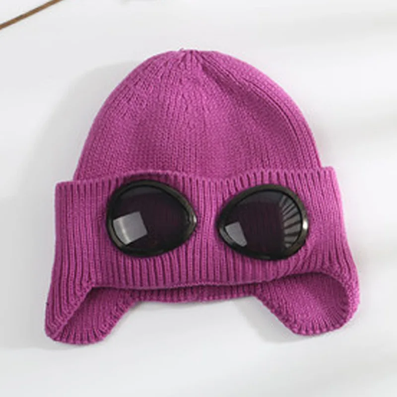 Moveable Glasses Warm Fleece Lined Women Snow Hat Knitted Winter Cap Cover Ears Orange Yellow Purple Blue Black White Green