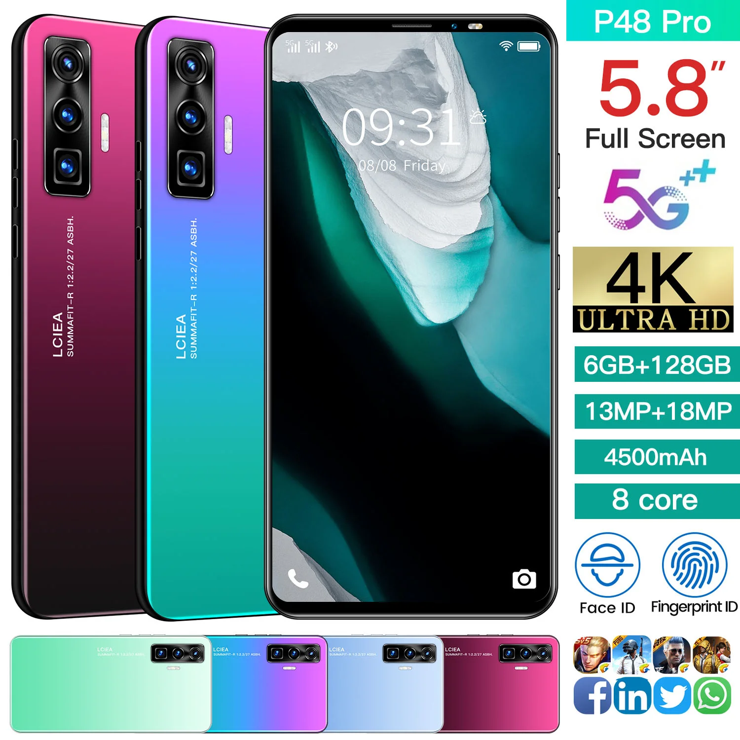

Global Version P48pro 5.8inch Smartphone 4500mah Dual SIM 5G 13MP+18MP HD Camera Face Wake 6+128GB Android 10 Network Phone