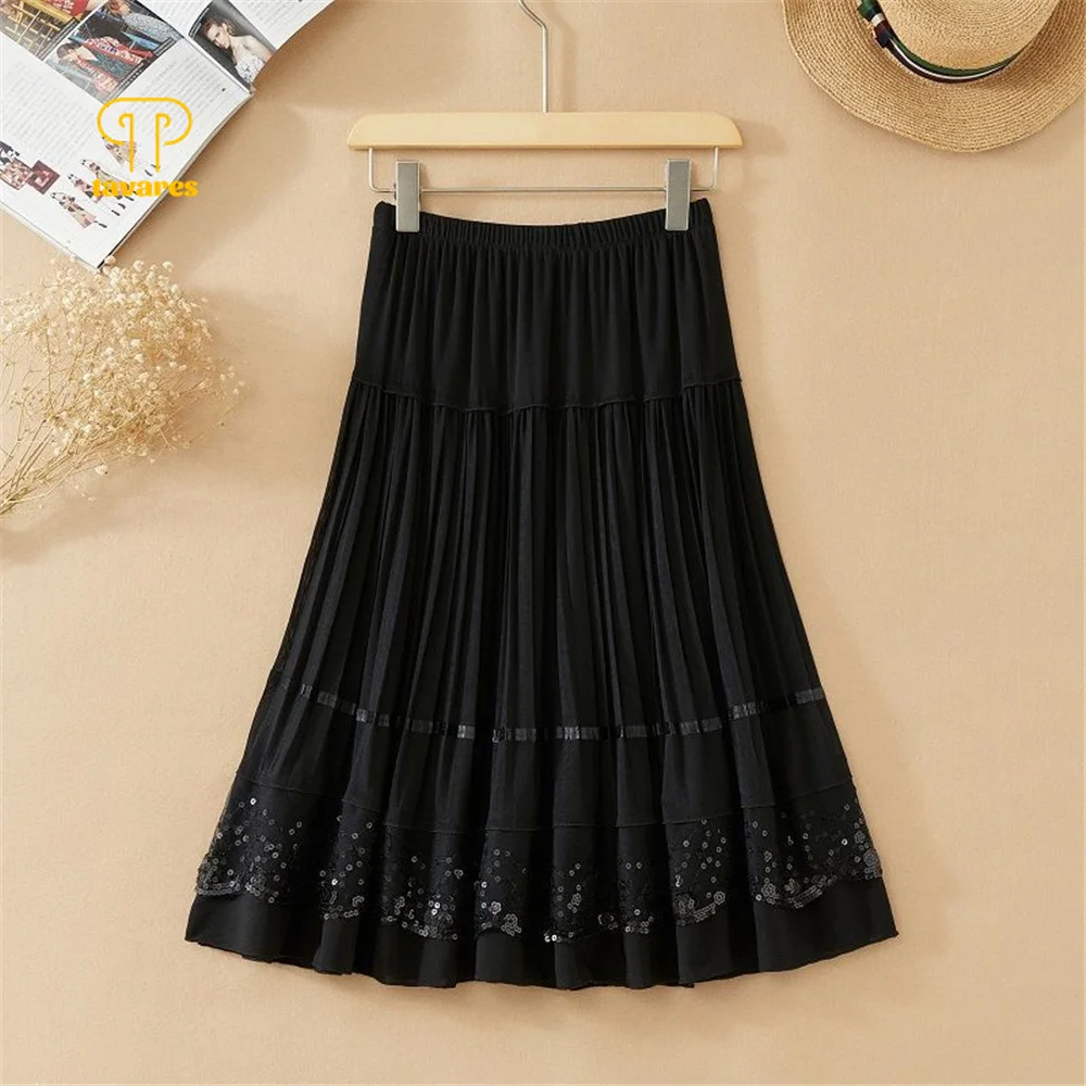 

TAVARES A-Line Pleated Umbrella Skirts Summer woman All-Match Korean Cute College Style Splicing Mesh Skirt girls
