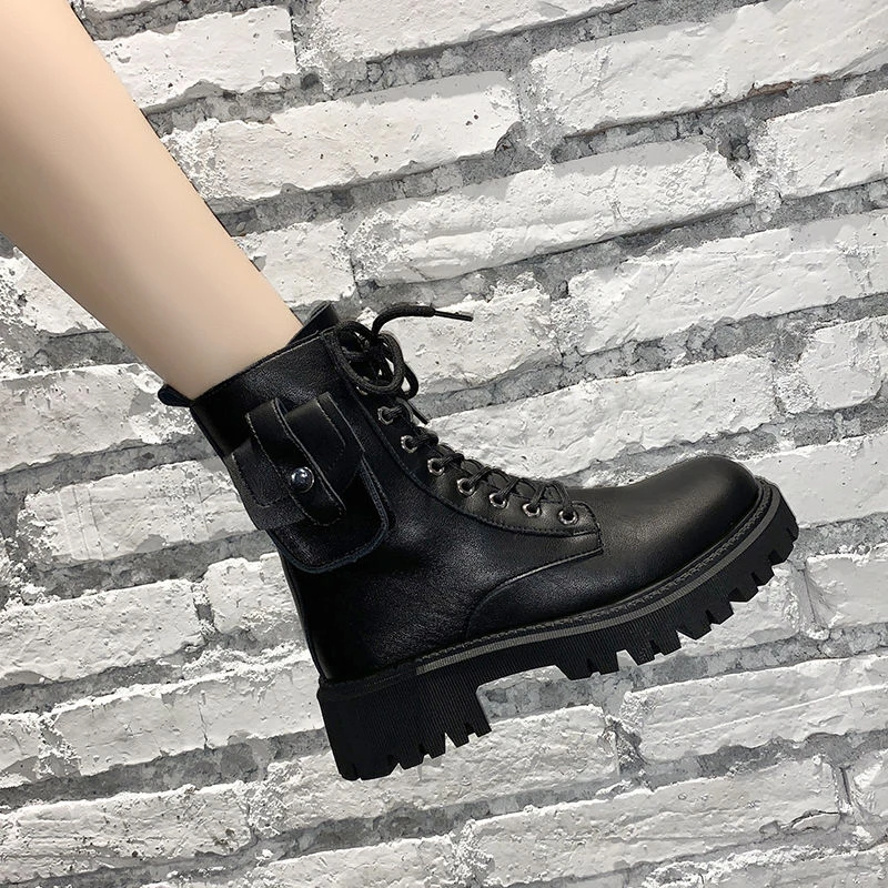 

Vintage British Style Platform Women's Mid-top Boots Outdoor Casual Zipper Ladies Boots Korean Version Motorcycle Boots