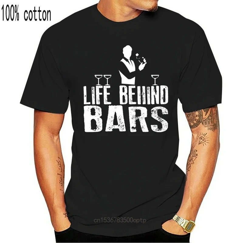 

New Life Behind Bars Bartender MENS T-SHIRT Tee Funny Birthday Hotel Pub Club Staff 3D Men Hot Cheap Short Sleeve Male T shirt