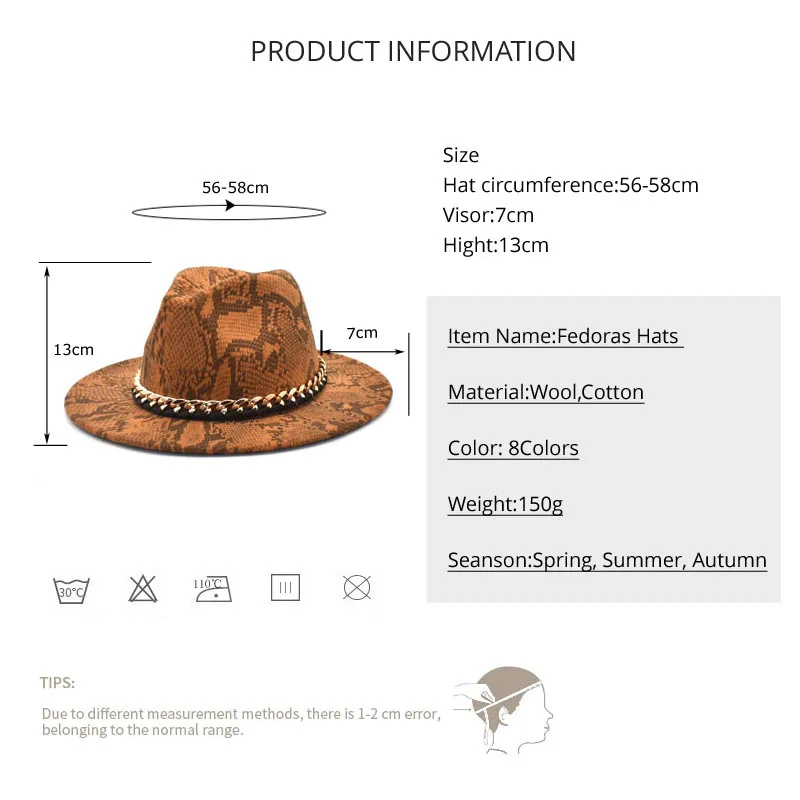 New Wool Fedoras Hats Women Autumn Winter Snake Print Chain Wide Brim Panama Jazz Caps Vintage Cowboy Hat Men F113