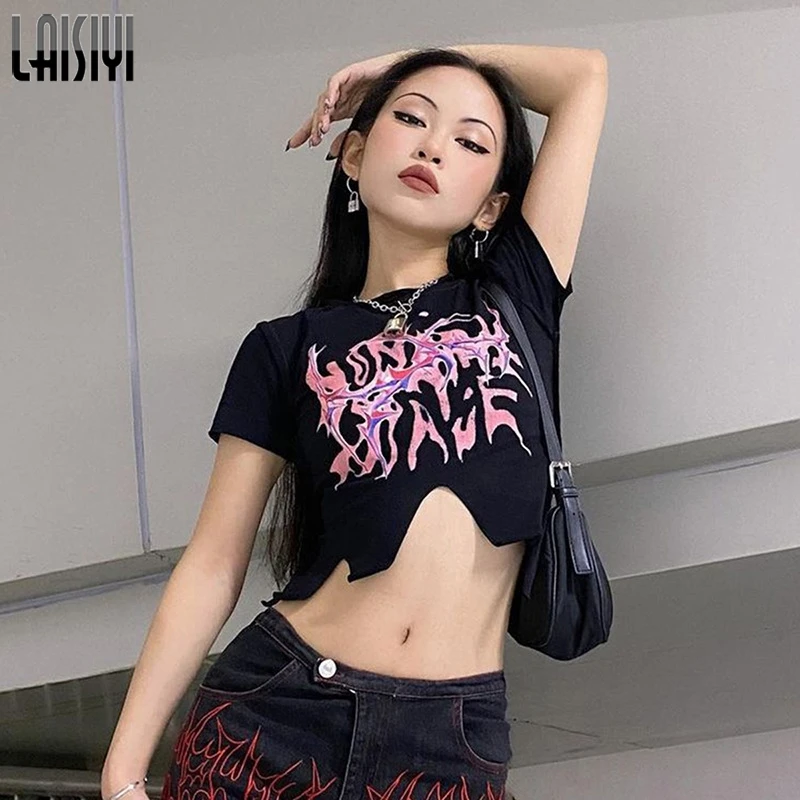 

LAISIYI O Neck Short Sleeve Irregular Printed Cropped Top Black Slim Casual Gothic Asymmetric Woman T Shirts Summer Tops Women