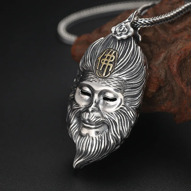 Real 925 Sterling Silver Pendant Thai Retro Personality Domineering Battle Wins Buddha Sun Wukong men's Jewelry | Украшения и