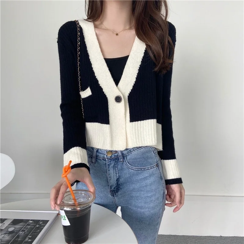 V-Collar Contrast Color Cardigan Sweater Gentle Knitwear Long Sleeve High Waist Top Autumn Women's Clothing 2021 Rac |