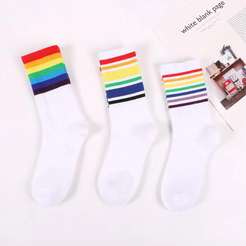 Women Solid Rainbow Cotton Ankle Socks Girls Rainbow Soft Warm Winter Crew Socks Students Black White Knee-High Socks 6pairs/lot