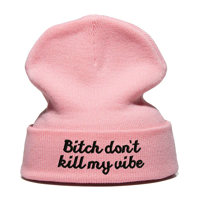 Beanie шляпа Skullie Кепки смутная зима вышивка в стиле панк Для мужчин Для женщин подростков в стиле «хип-хоп» BITCH «Don't KILL MY VIBE по макету клиента - Цвет: PINK BLACK