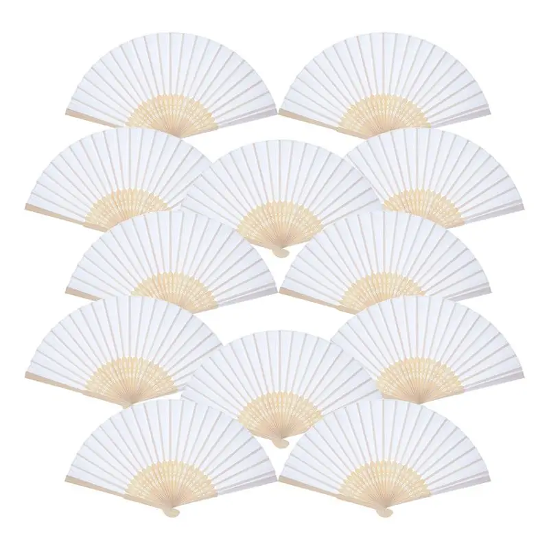 12 Pack mano ventiladores de papel blanco bambú los ventiladores plegable portátil ventilador plegable para la Iglesia regalo de boda favores de fiesta DIY Decora