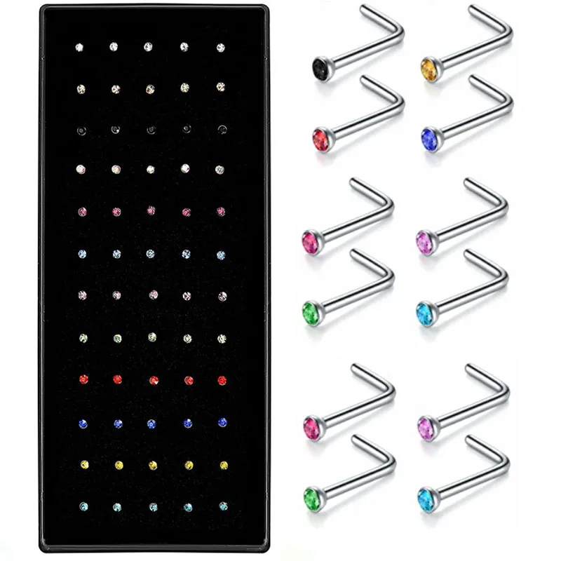 

120 Piece/Set Stainless Steel L Shape Nose Stud Pack 20G Crystal Straight Stud Nose Ring Set Nose Stud Lot Piercing Nariz Pin