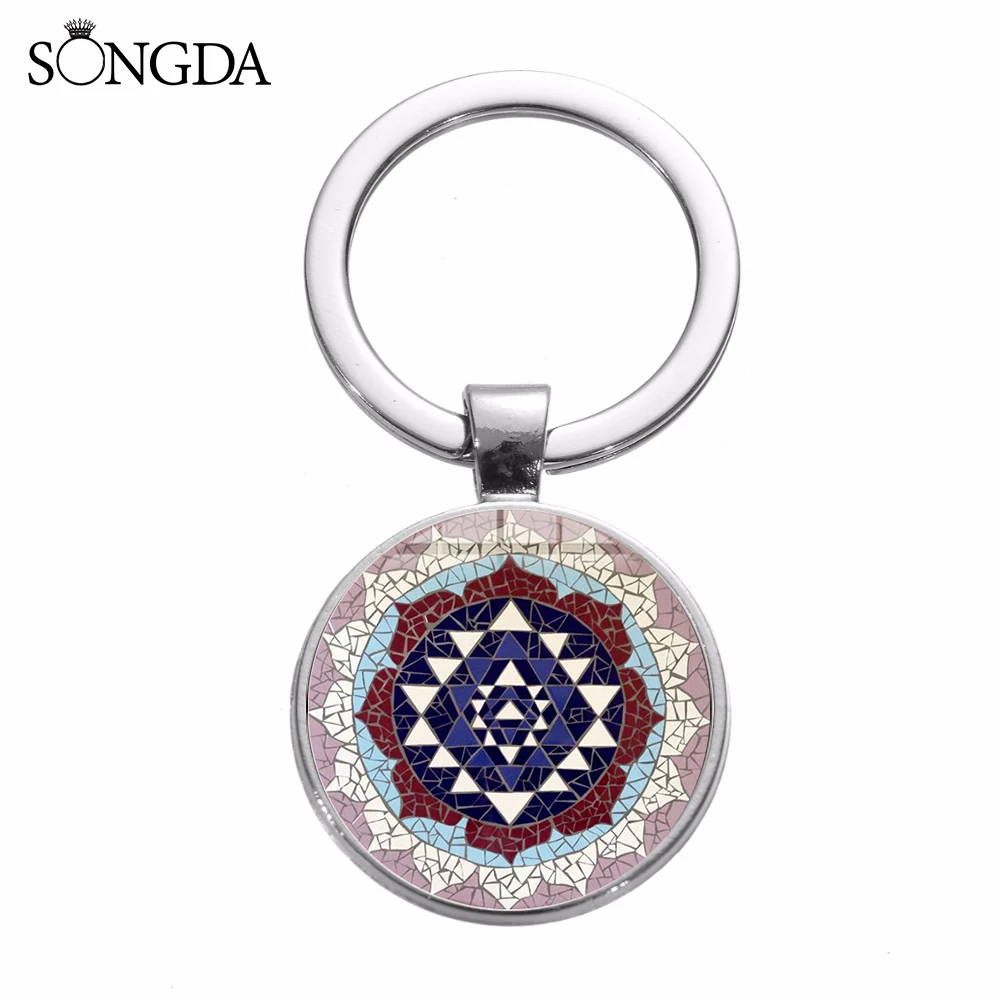 2019 New Design Sri Yantra Charm Keychain Sacred Geometry Chakra Spiritual Art Patterns Glass Dome Key Chain for Buddhist | Украшения и