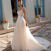 spaghetti strap tulle vintage wedding dresses sweetheart lace appliques beading beach bride gown vestidos de novia