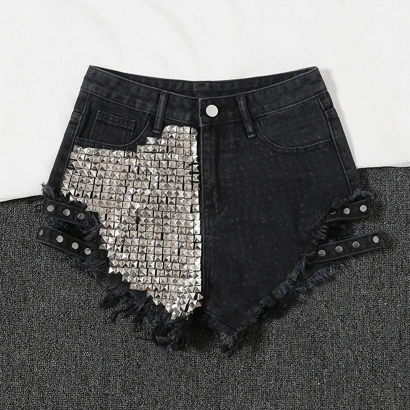 

2021 Women's Fashion Brand Vintage Tassel Rivet Ripped High Waisted Short Jeans Punk Sexy Hot Woman Denim Shorts
