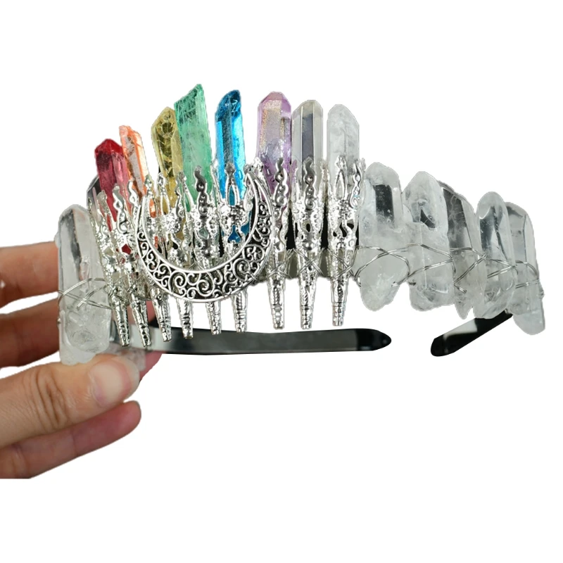 

Quartz Tiara Raw Crystal Crowns Headband with Moon ELegant Bridal Wedding Hair Hoop Pageant Prom Costume Accessories