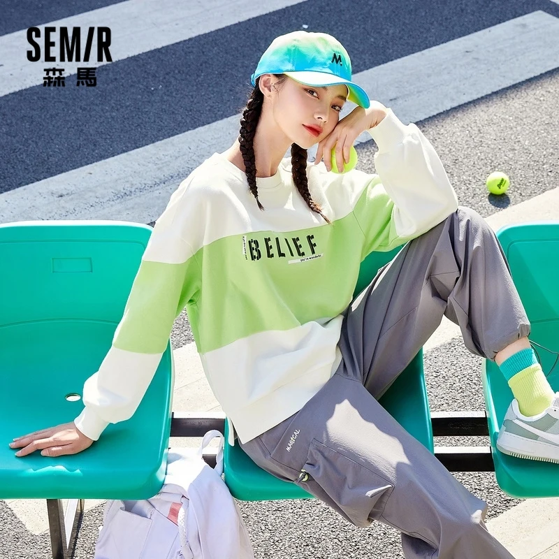 

SEMIR Sweatshirt Women Trend Color Contrast 3D Letter Printing Short Loose Round Neck Drop Shoulder 2021 Spring New