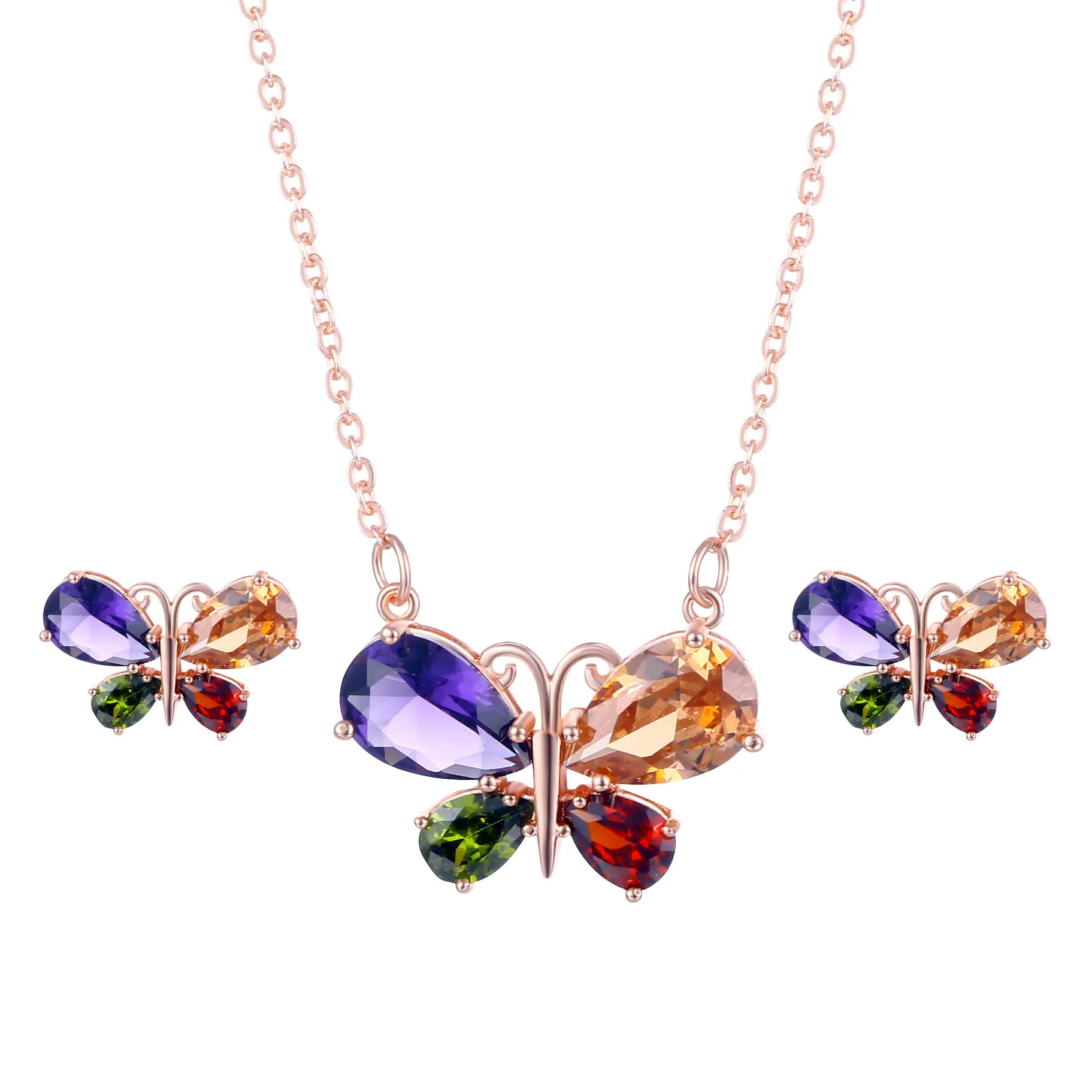 

Crystal Zircon Four Color Wing Butterfly Necklace Earrings jewellery Sets for Women Luxury Gift Bridal Wedding Party Jewelry Set