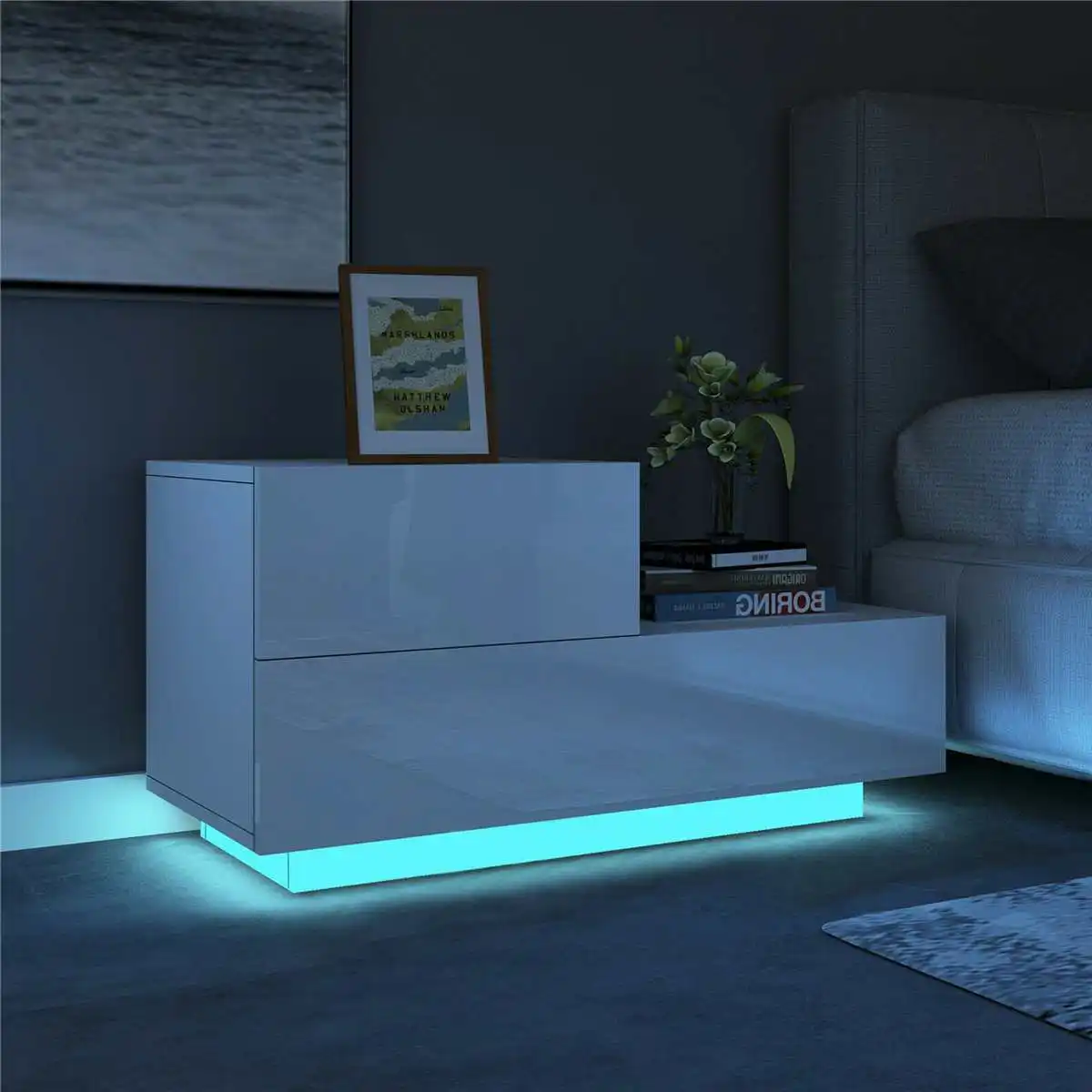 

RGB LED Nightstand Bedside Cabinet Storage Organizer Bedside Table Home Bedroom Lighting Furniture 2 Drawers Night Table mueble