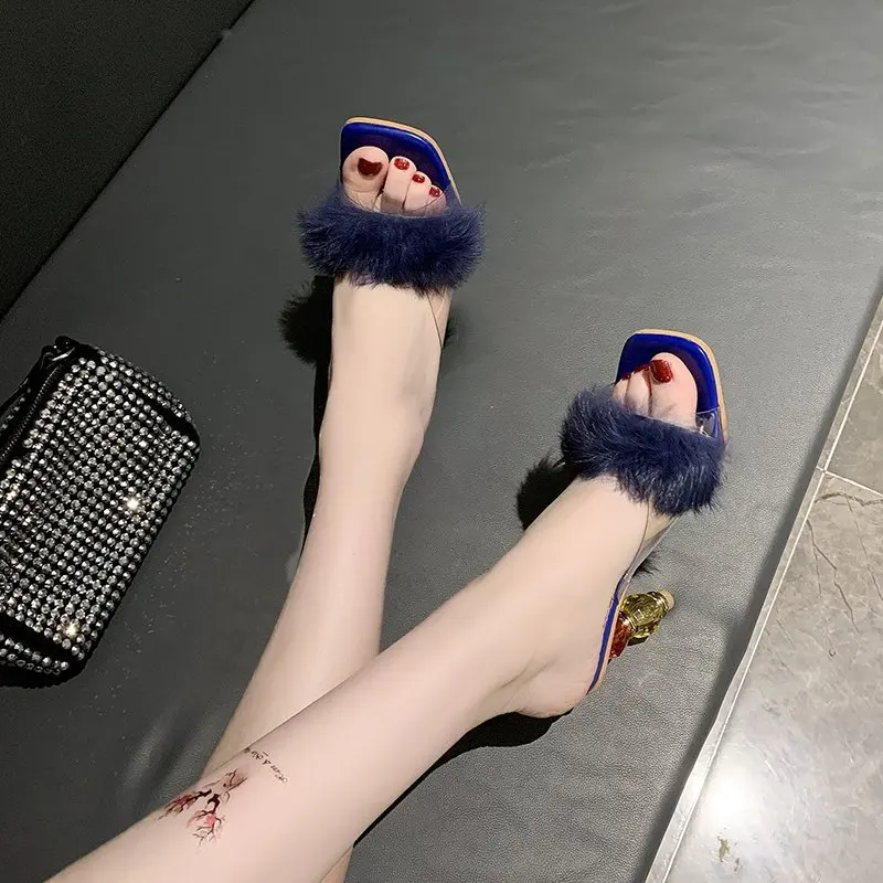 

VMTI 2021 New Transparent Crystal with Fashionable High-Heel Sandals and Slippers for Women's Outer Wear Plush Slippers