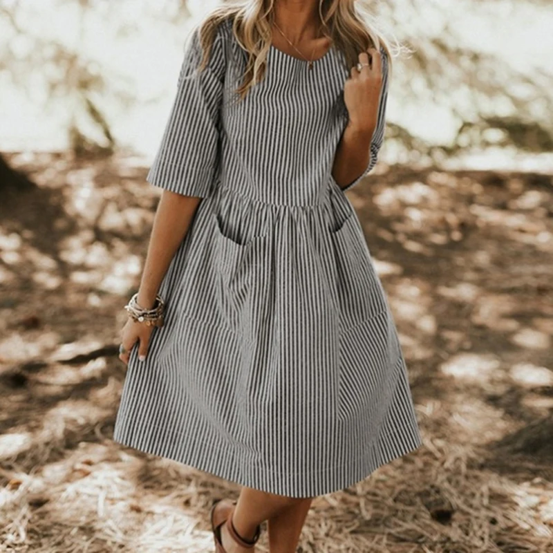

Women Dress Casual Dress Laies Summer Half Sleeve Pocket Dress Femme Striped Print A-Line Loose Dress