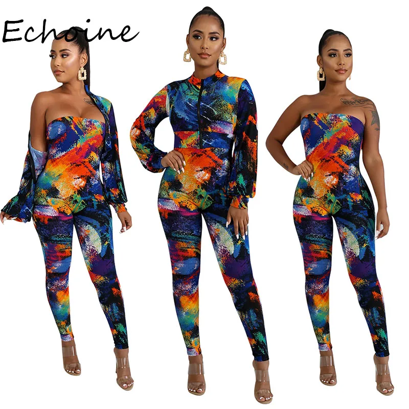Модный костюм с красочным принтом комбинезон открытыми плечами + пальто длинным