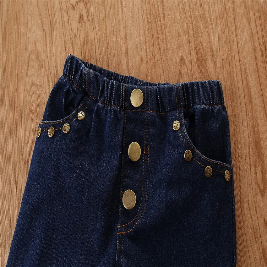 

2020 Summer New Girls Suits Children Suspenders Origin Plka Dot Shirt with Flare Long Pants Jeans Trouser Two-piece Cloth Suits