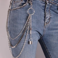 punk hip hop women men jeans waist chain three layer belt pants key chain lock pendant metal clothing accessories jewelry gift