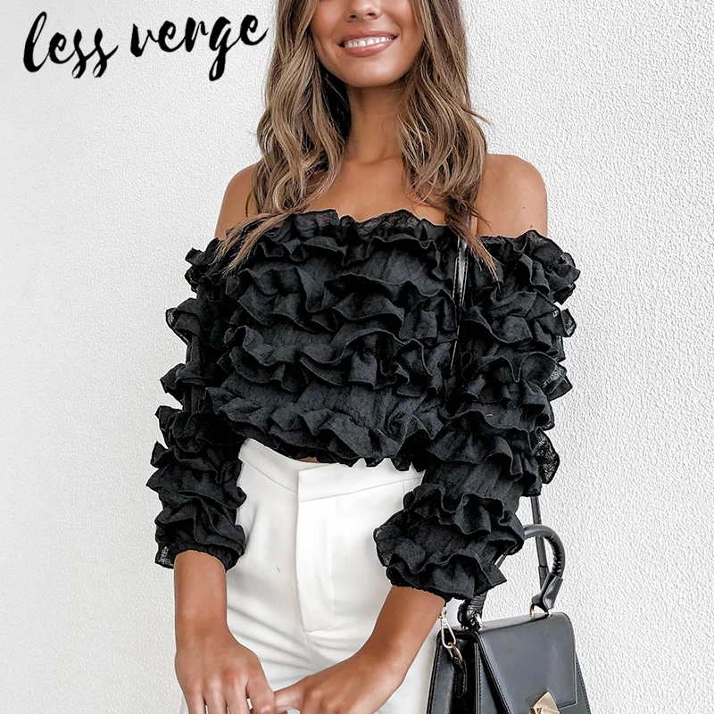 Lessverge с открытыми плечами рюшами Элегантная блузка Футболка для женщин короткий