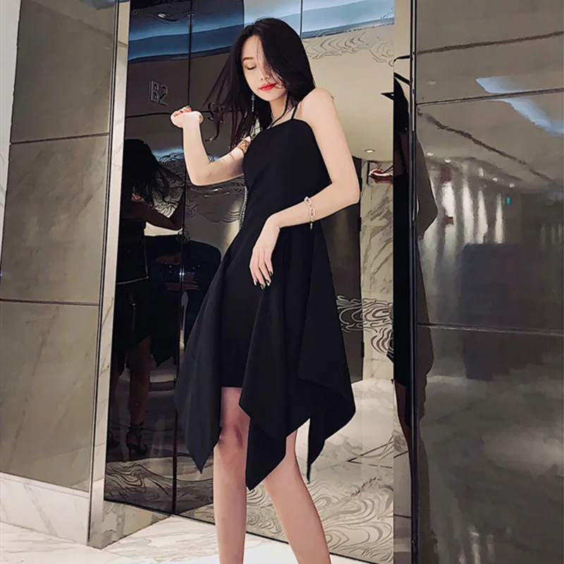 

Female Summer Slim Fashion Black Elegant Asymmetrical Camisole Dress Women High Street Sexy Brand Dresses Ladies Vestidos ML188