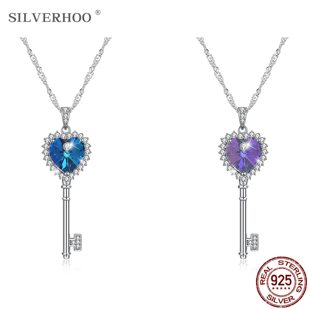 

SILVERHOO 925 Sterling Silver Shining Key Of Love Pendant Necklaces For Women Heart Austria Crystal Romantic Anniversary Gift