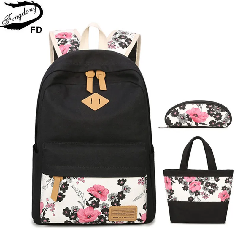 Школьный рюкзак Fengdong 3 шт./компл. для девочек школьные рюкзаки из холста детская школьная комплект с сумкой в винтажном стиле с цветочным при...