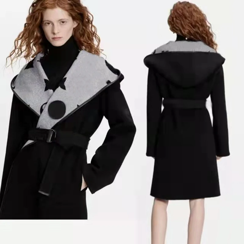 

Осень-зима 2022, Женское шерстяное пальто, Свободное пальто с отложным воротником и капюшоном, облегающий женский топ средней длины с принтом ...